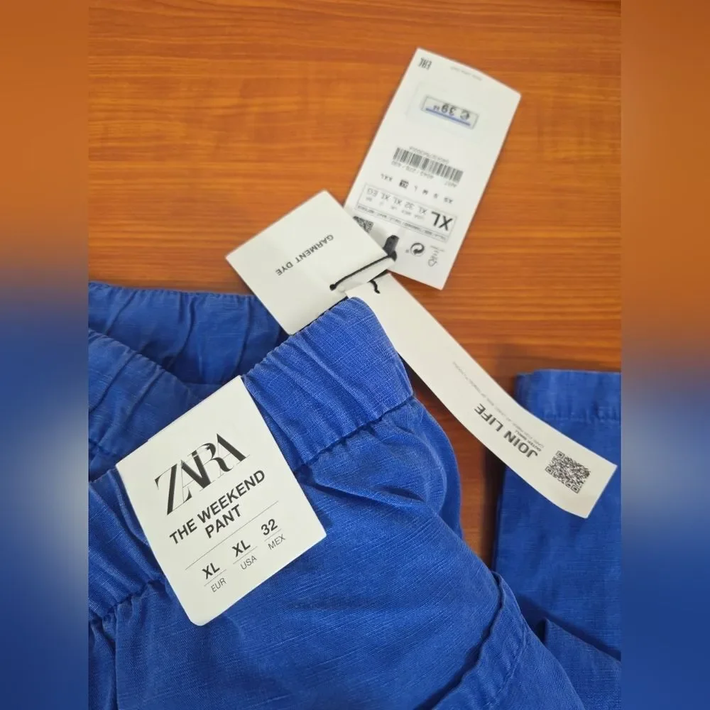 NEW ZARA THE WEEKEND PANT BLUE sz XL LINEN BLEND COASTAL NAUTICAL BEACH PULL ON